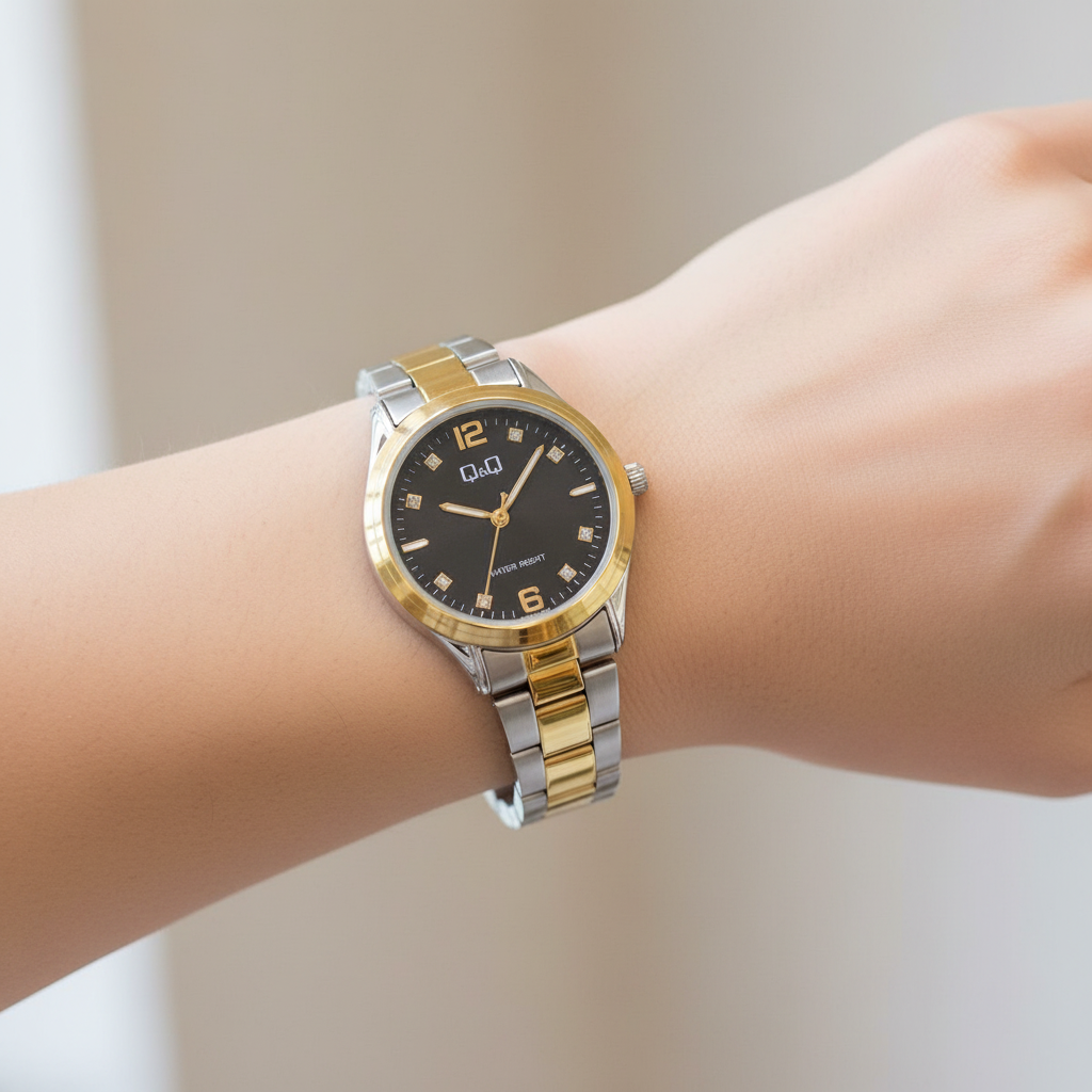 Reloj Q&Q bicolor negro cristales en muñeca femenina