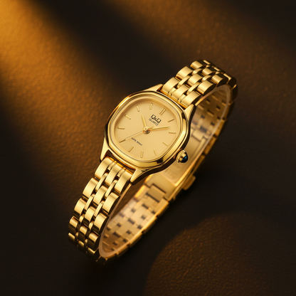 Reloj Q&Q dorado ovalado - vista frontal fondo oscuro
