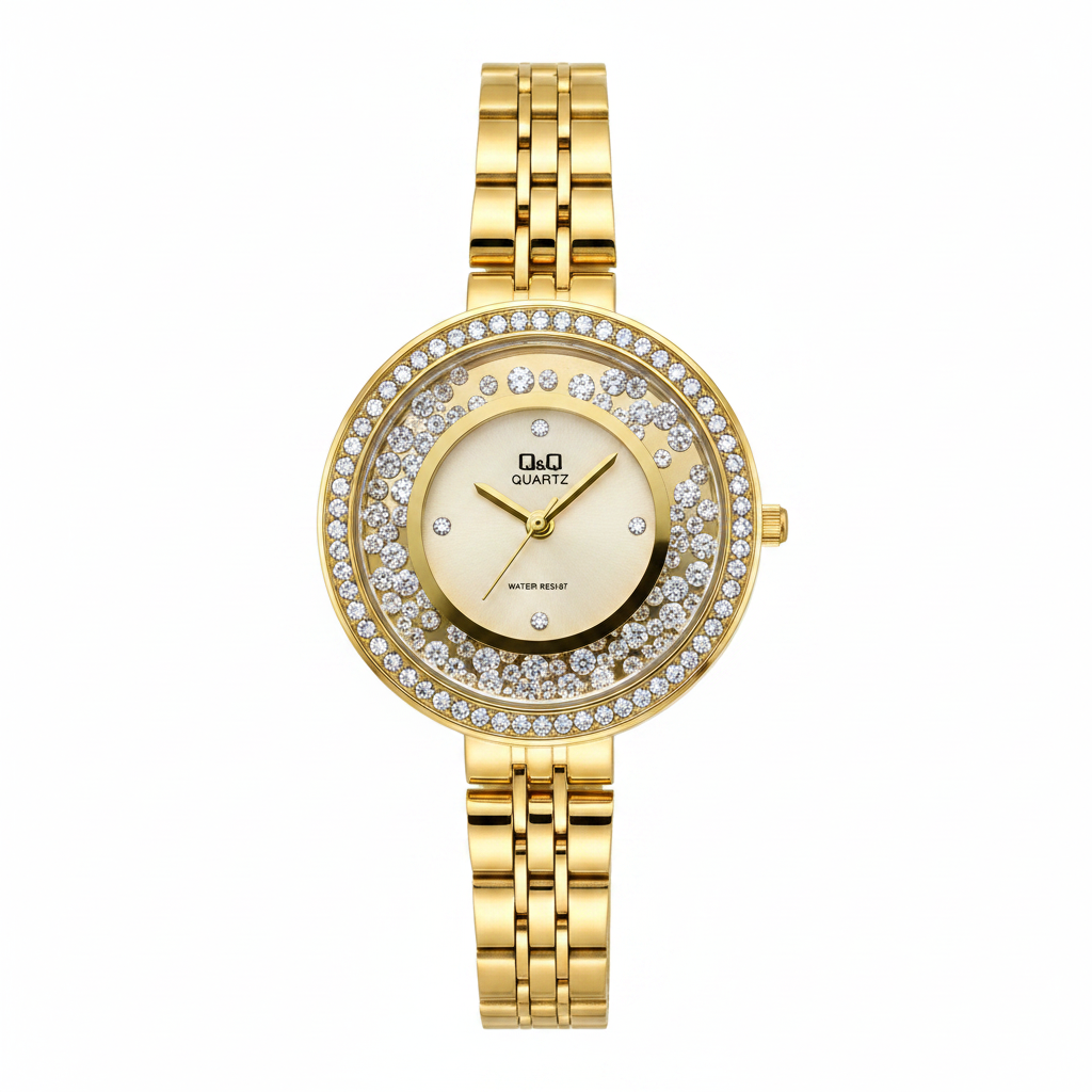 Reloj Q&Q Quartz dorado - fondo blanco, cristales flotantes dispersos