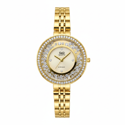 Reloj Q&Q Quartz dorado - fondo blanco, cristales flotantes dispersos