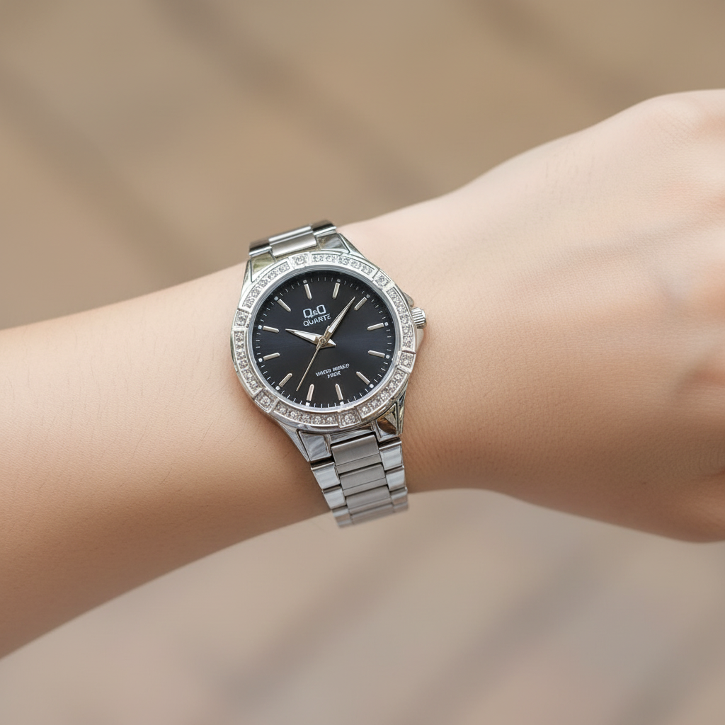 Reloj Q&Q plateado tablero negro cristales en muñeca femenina