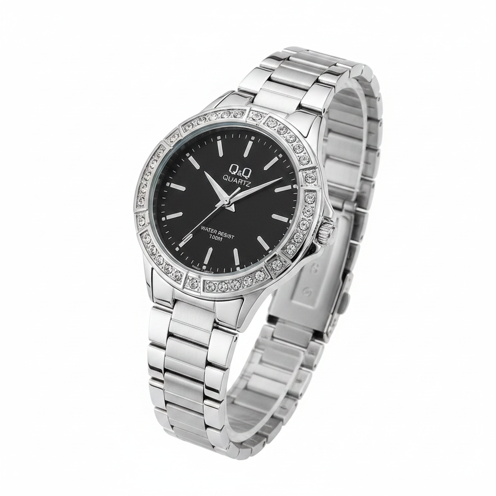 Reloj Q&Q plateado tablero negro cristales - vista 3/4