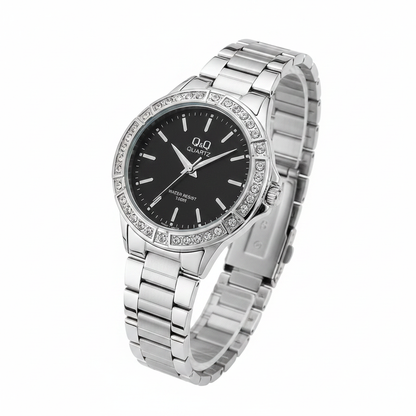 Reloj Q&Q plateado tablero negro cristales - vista 3/4