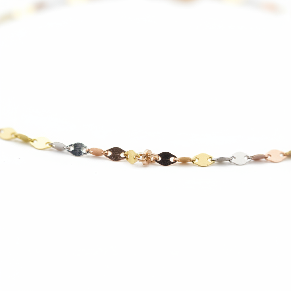 Detalle eslabones espejo cadena tricolor oro 18k