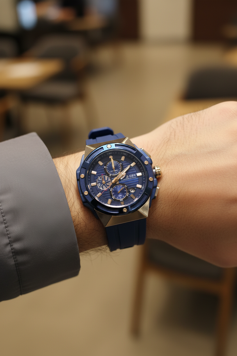 Reloj Curren bicolor azul silicona en muñeca masculina