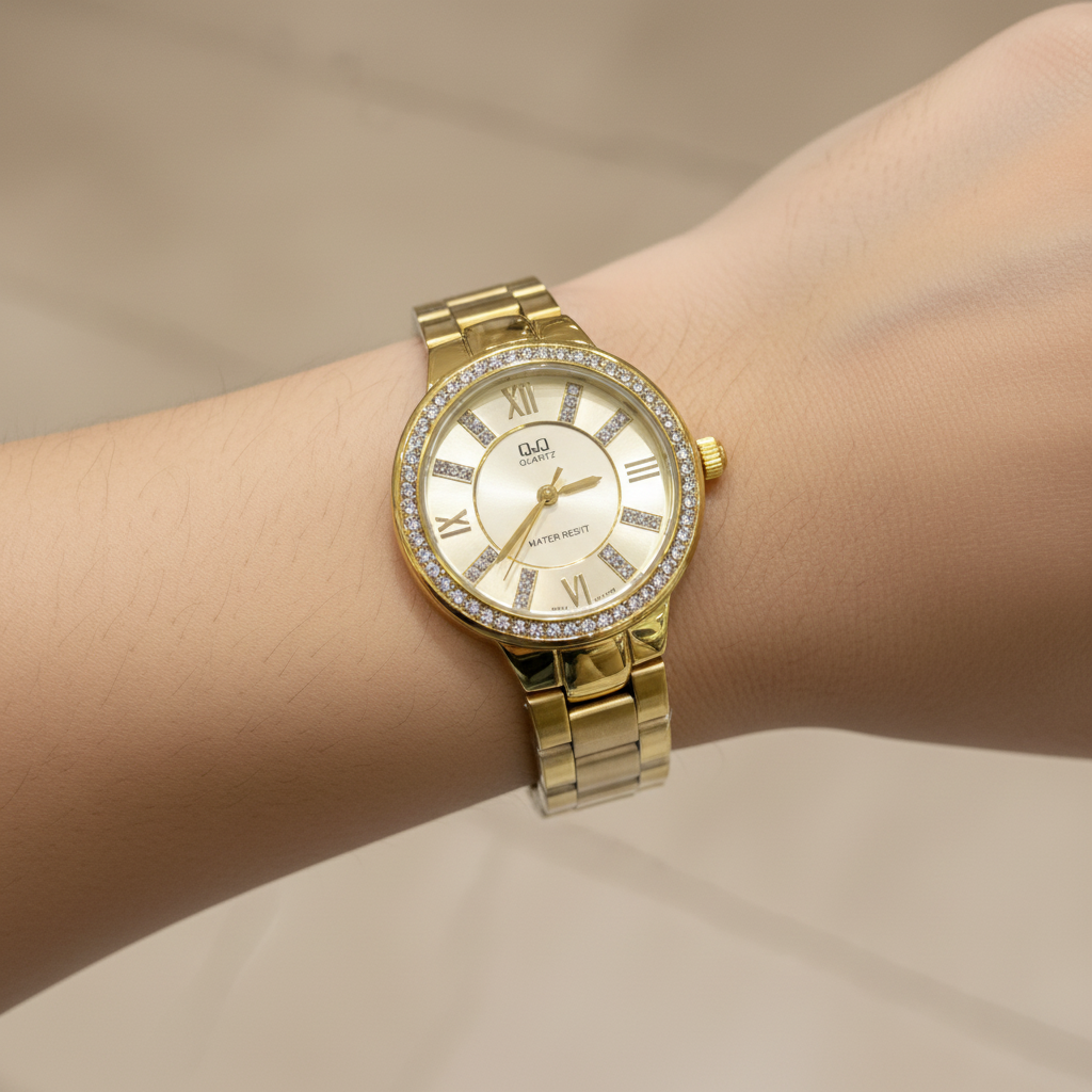 Reloj Q&Q champagne numerales romanos en muñeca femenina