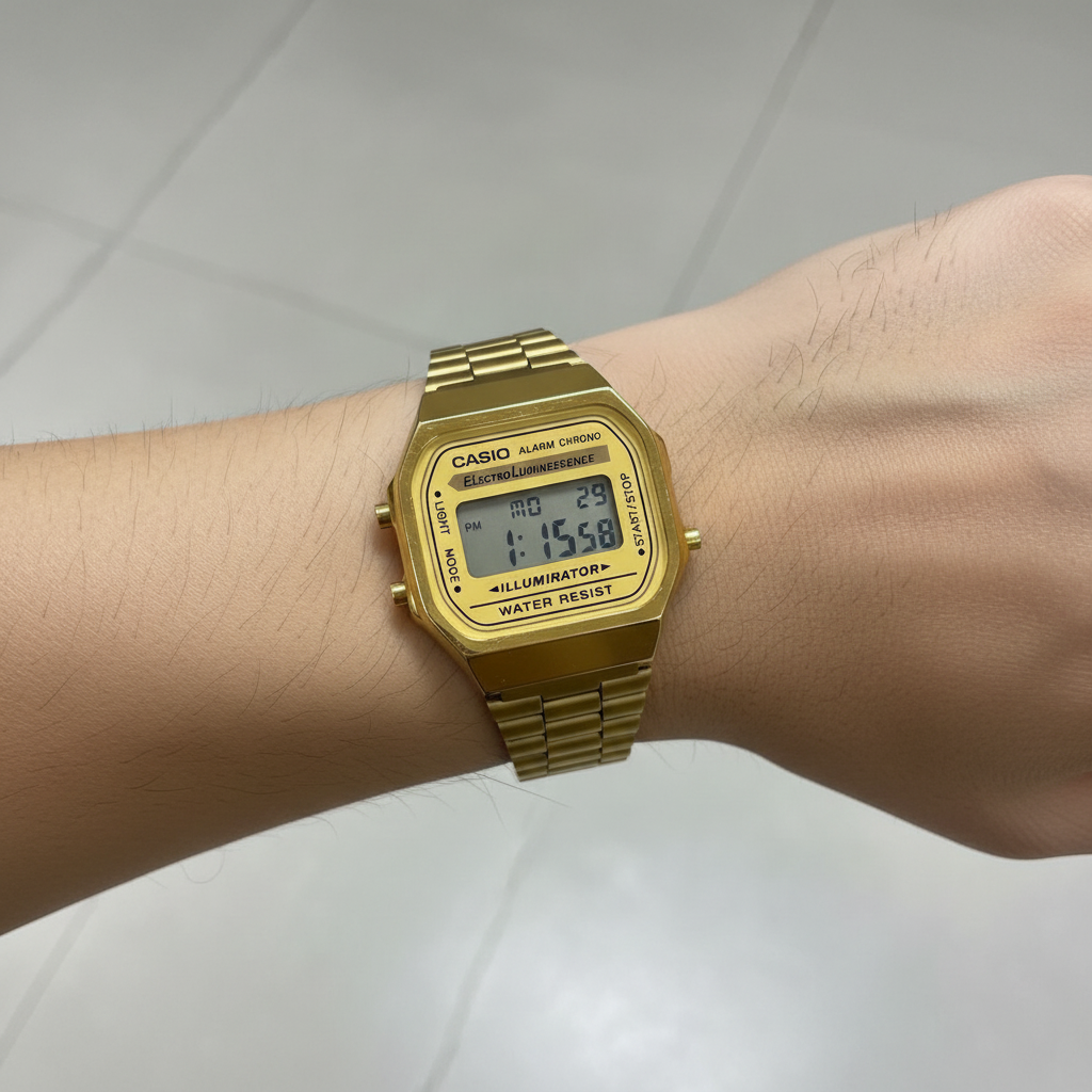 Reloj Casio A168WG dorado en muñeca - frontal