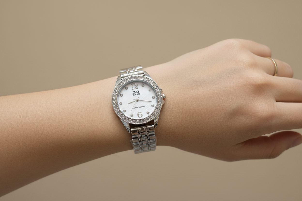 Reloj Q&Q plateado en muñeca femenina - lifestyle