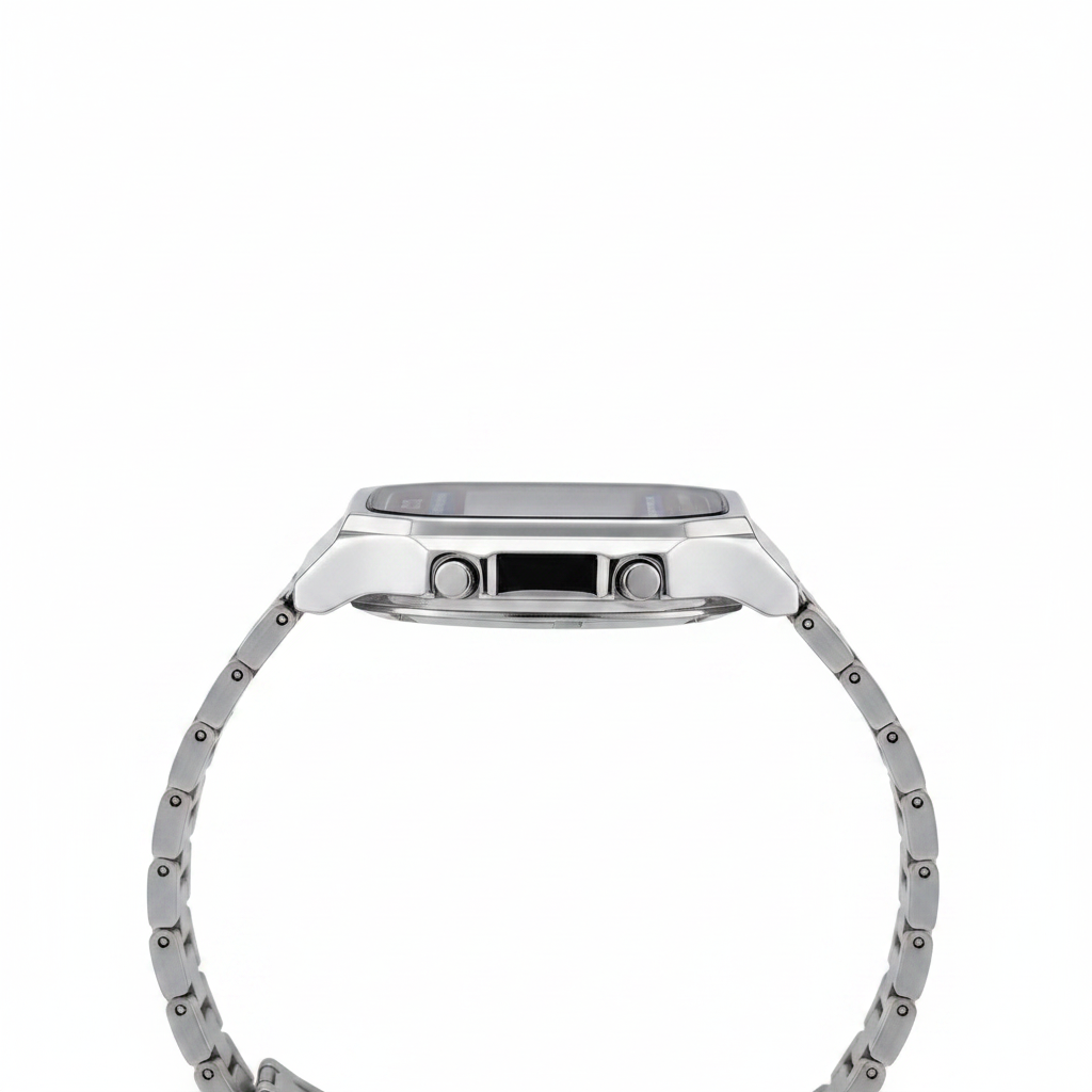 Reloj Casio retro plateado — perfil lateral