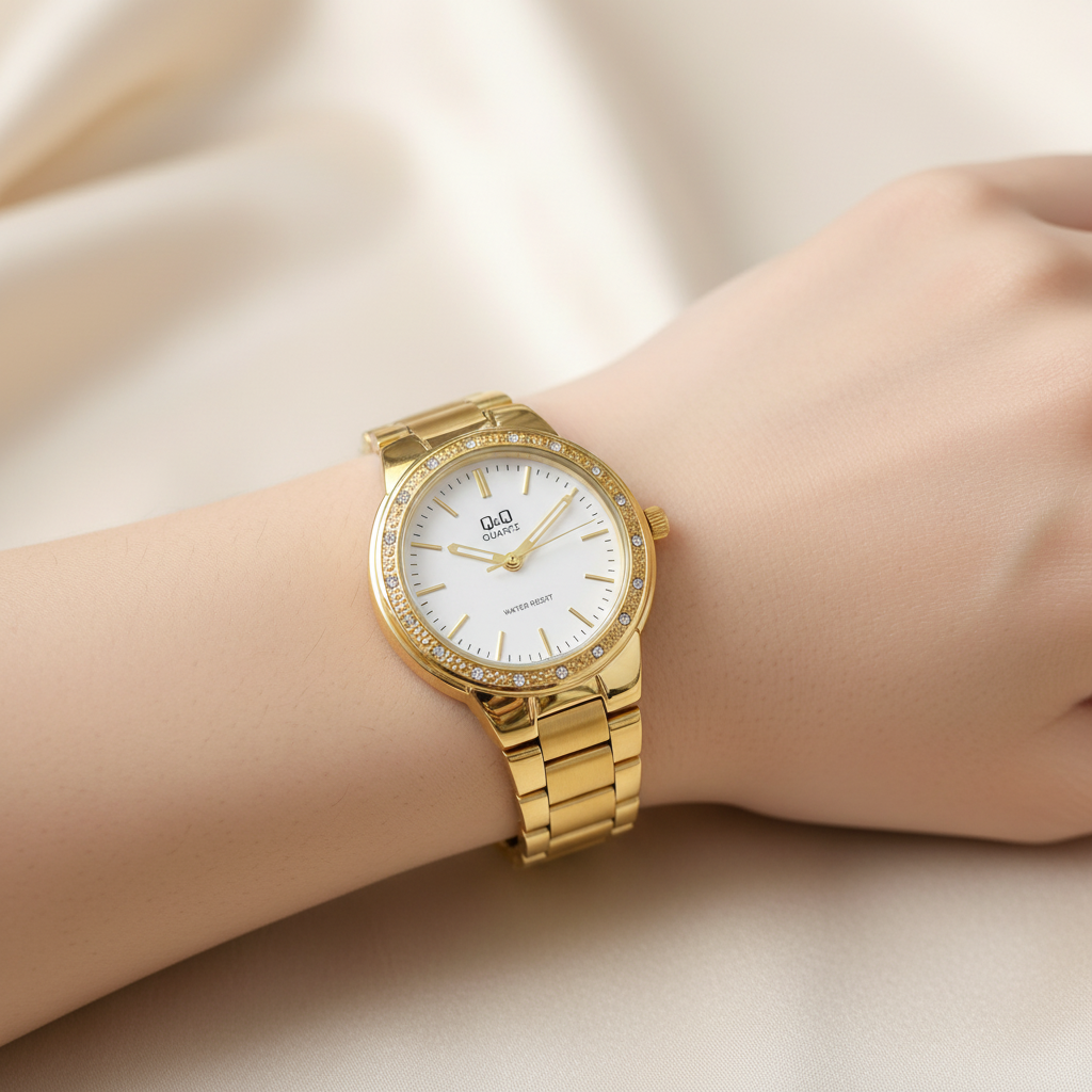 Reloj Q&Q dorado con cristales en muñeca femenina