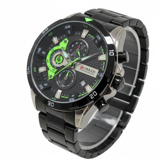 Detalle esfera Curren Chronograph negro verde neón