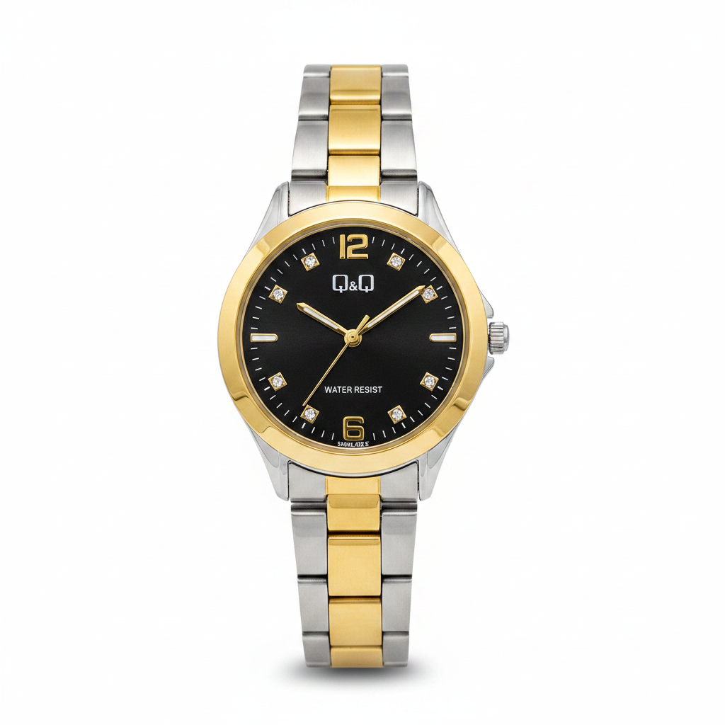 Reloj Q&Q bicolor negro cristales - vista frontal