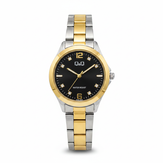 Reloj Q&Q bicolor negro cristales - vista frontal