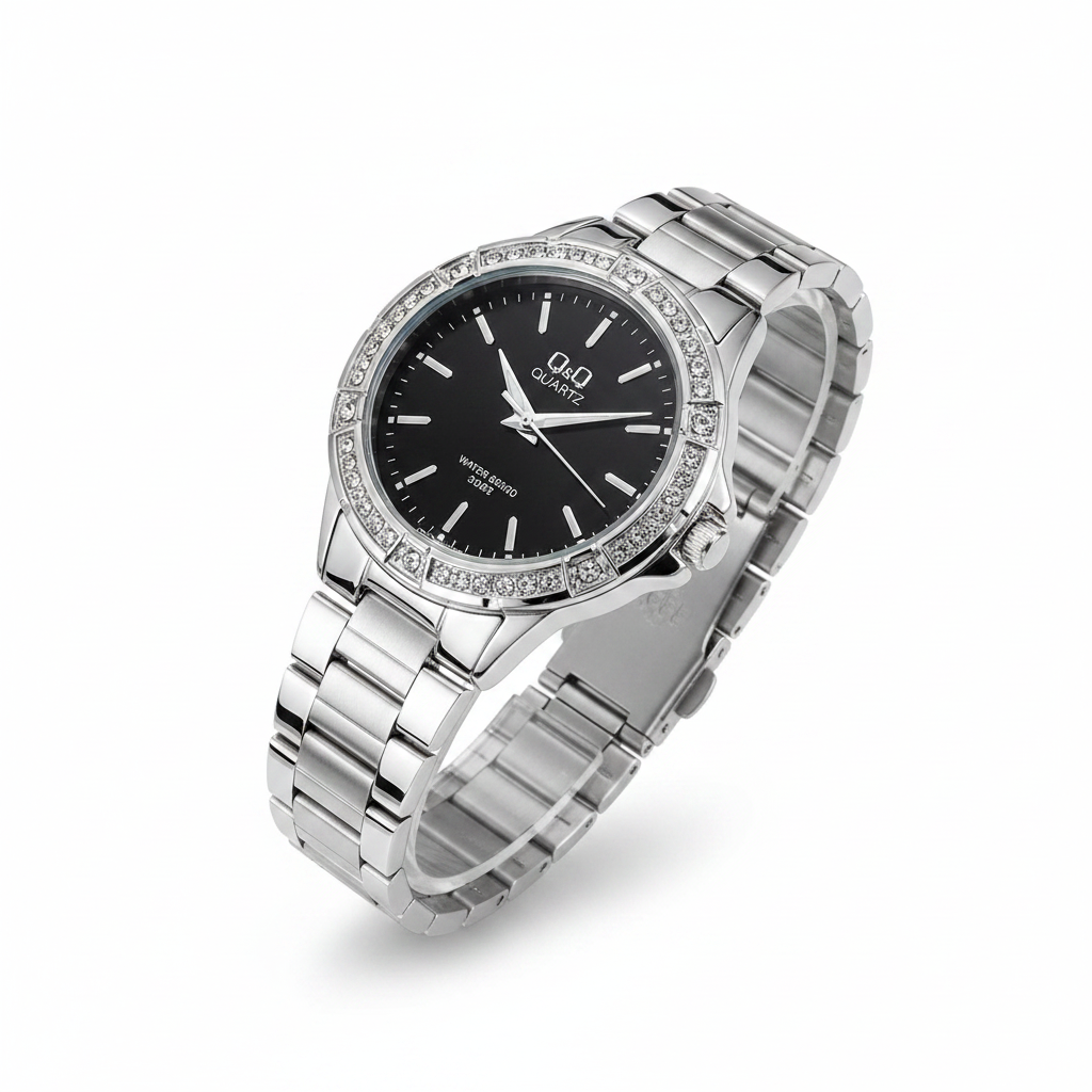 Reloj Q&Q plateado tablero negro cristales - vista diagonal