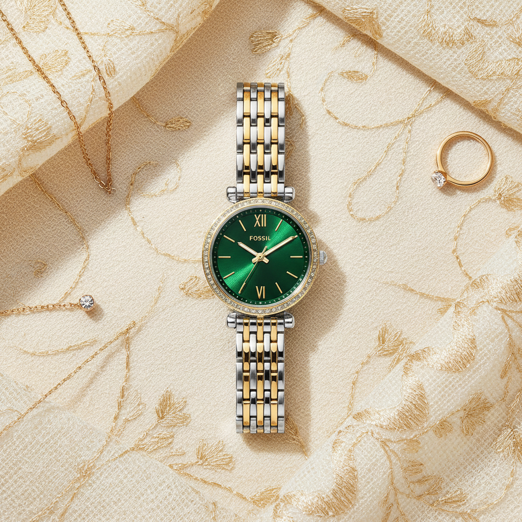 Reloj Fossil RNS Bicolor Verde - Flat lay elegante