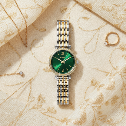 Reloj Fossil RNS Bicolor Verde - Flat lay elegante