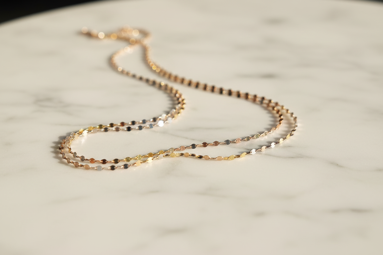 Cadena tricolor oro 18k sobre mármol blanco
