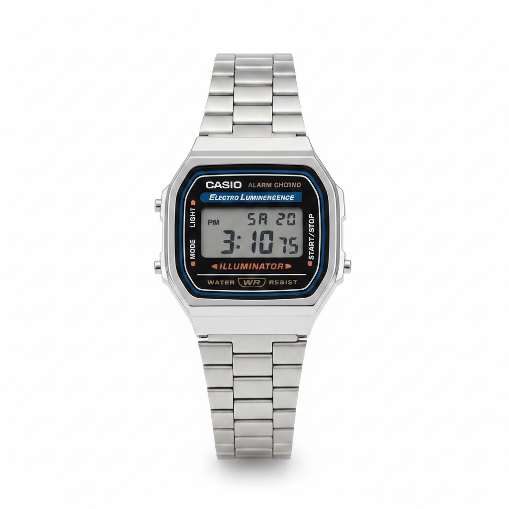 Reloj Casio retro plateado — vista frontal fondo blanco