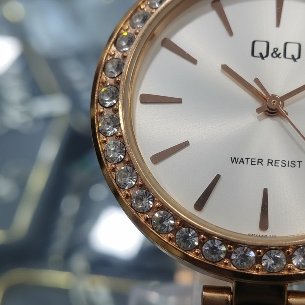 Reloj Q&Q rose gold - detalle bisel cristales