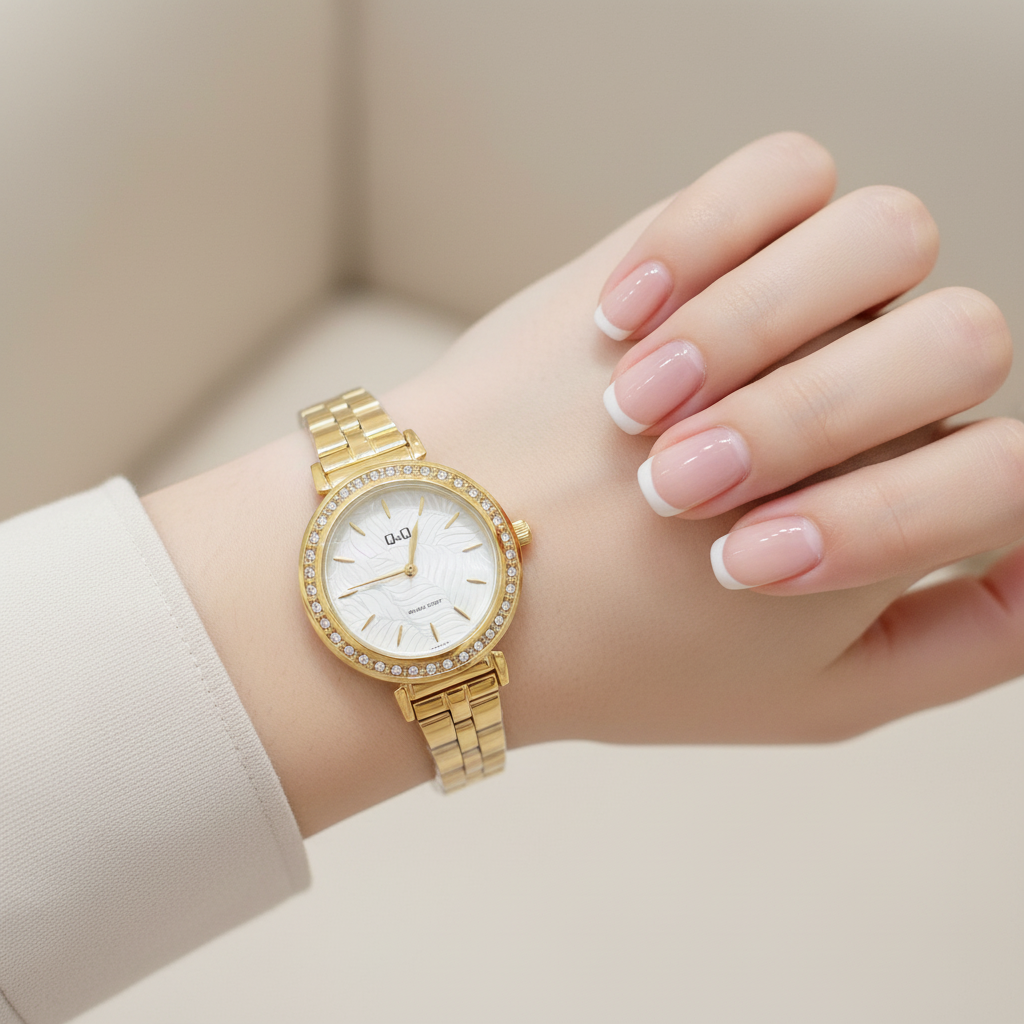 Reloj Q&Q nacarado dorado en muñeca femenina