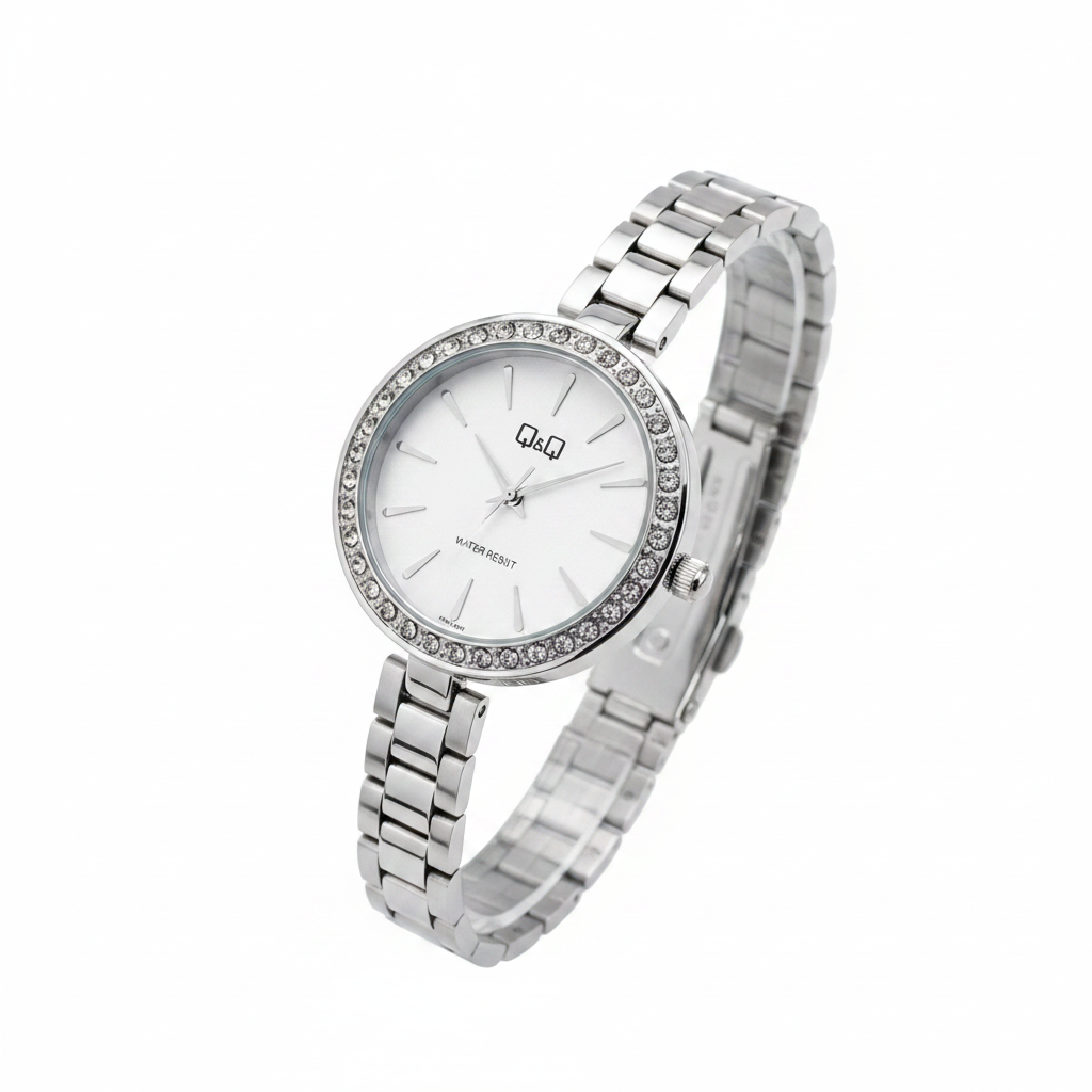 Reloj Q&Q plateado blanco - vista diagonal