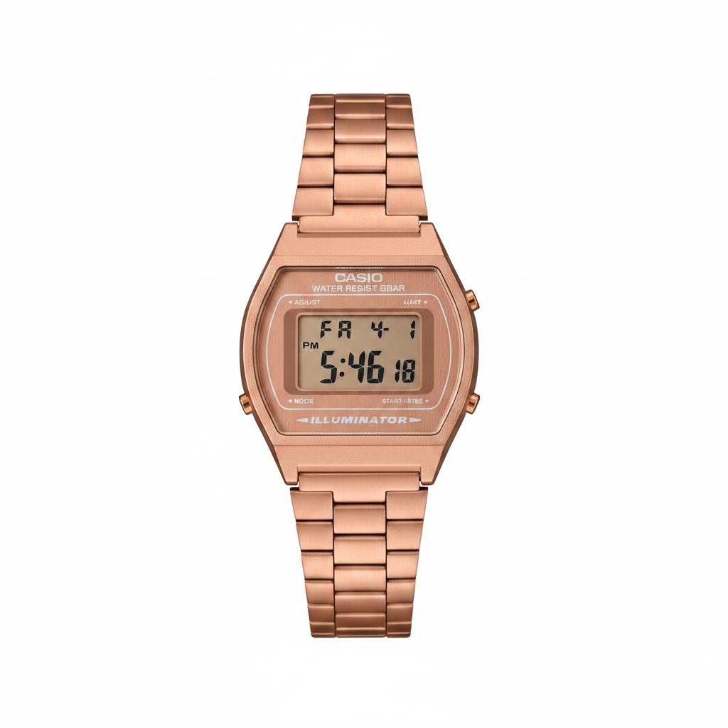 Reloj Casio digital oro rosa — vista frontal fondo blanco