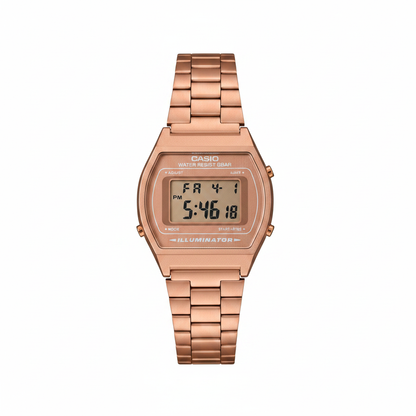 Reloj Casio digital oro rosa — vista frontal fondo blanco
