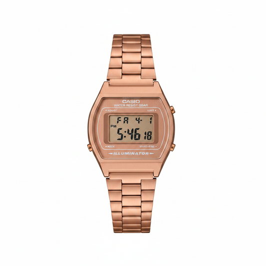 Reloj Casio digital oro rosa — vista frontal fondo blanco