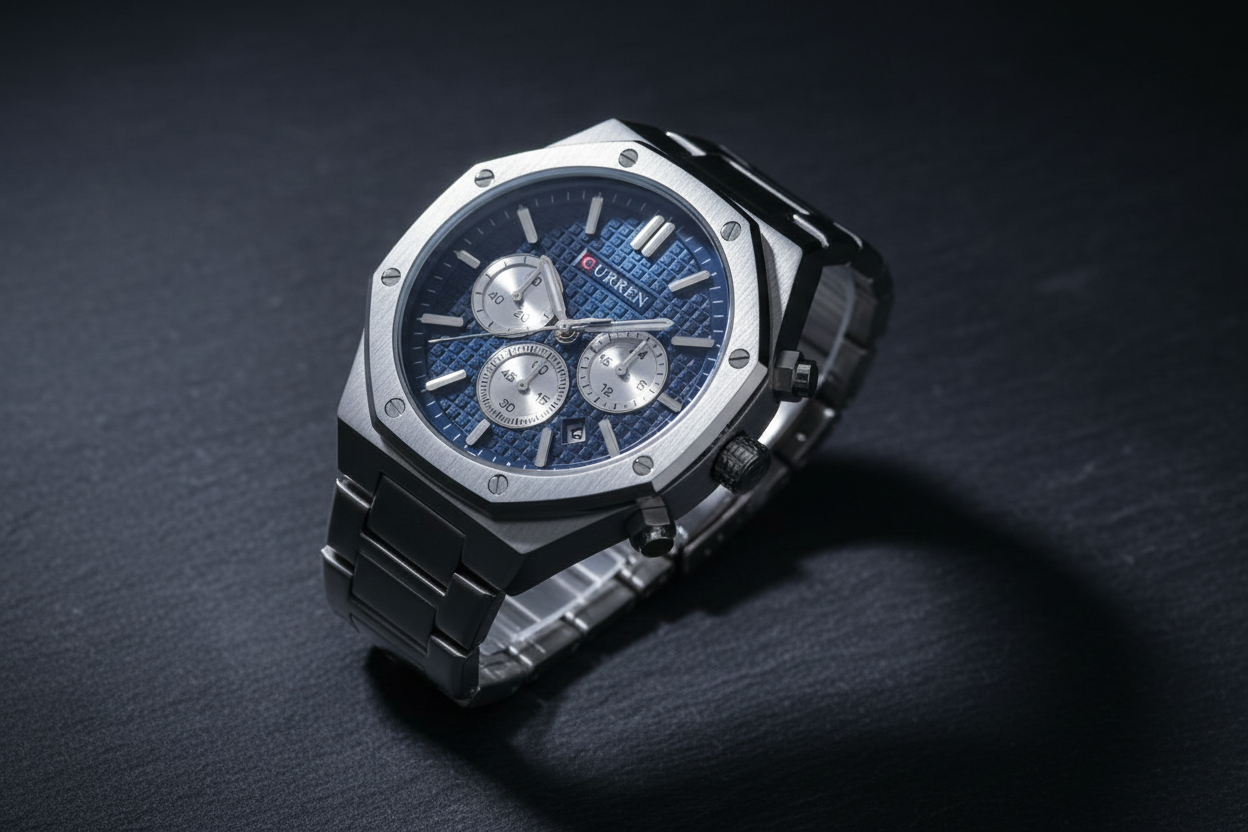 Reloj Curren octagonal azul – lifestyle 45 grados