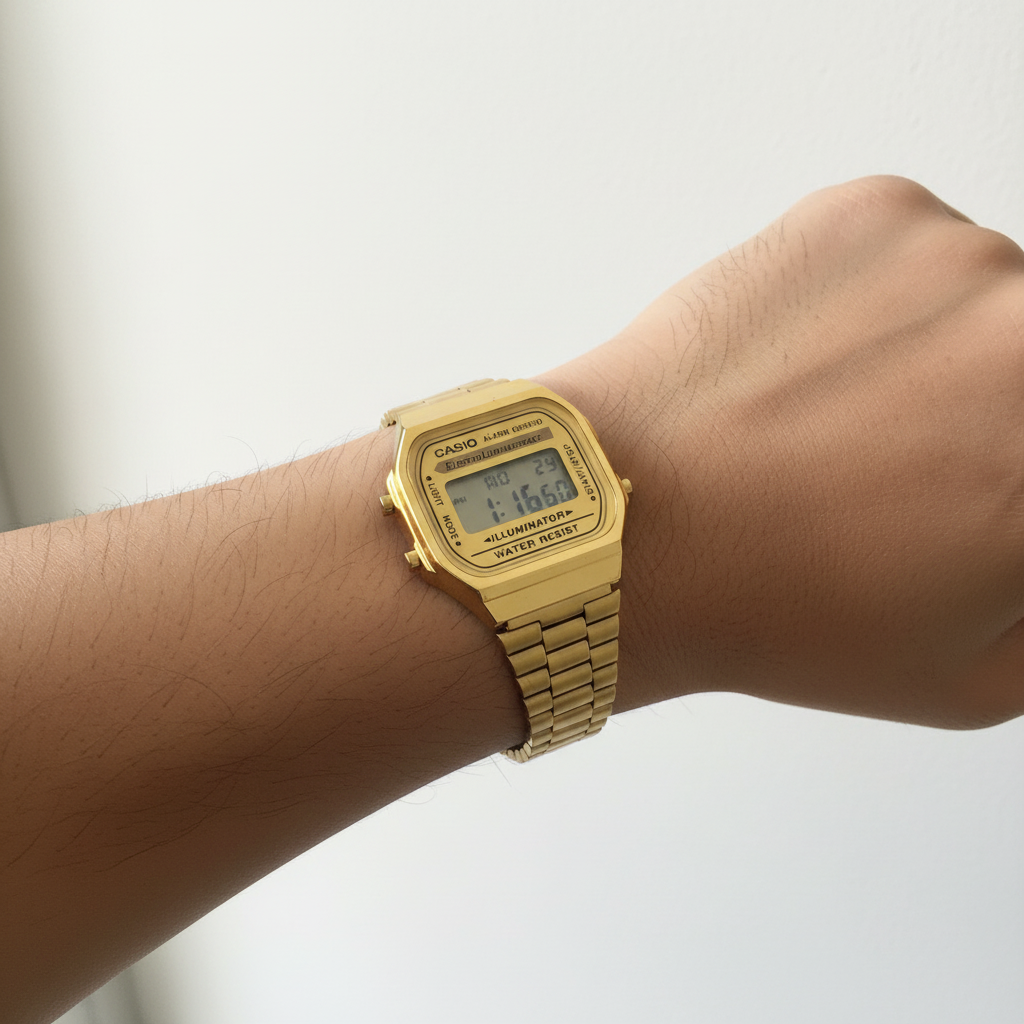 Reloj Casio A168WG dorado en muñeca - lateral