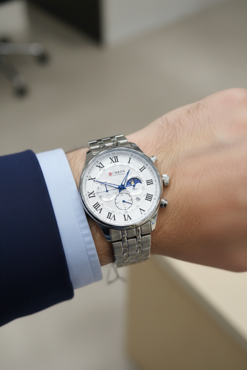 Reloj Curren plateado en muñeca masculina