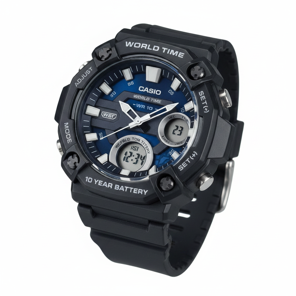 Casio World Time AEQ-110W — vista tres cuartos