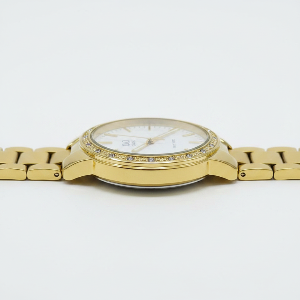 Reloj Q&Q dorado con cristales - vista lateral