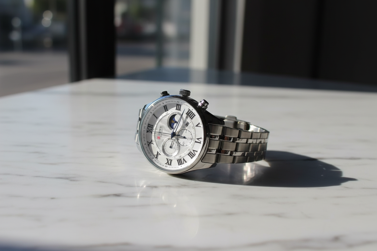 Reloj Curren plateado – lifestyle mármol 45 grados