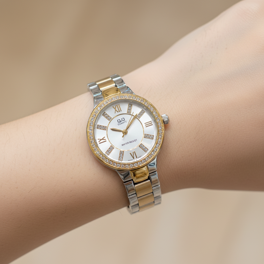 Reloj Q&Q bicolor romano en muñeca femenina