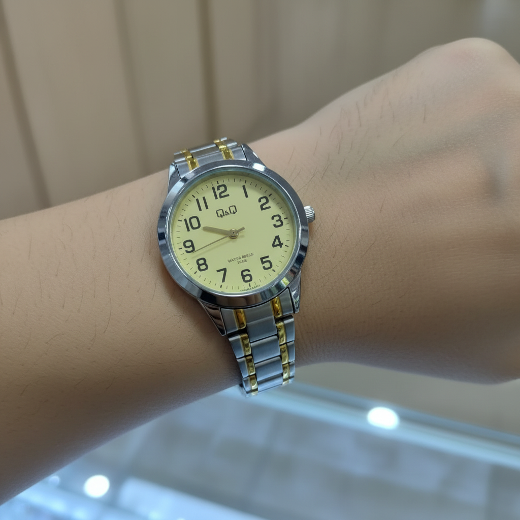 Reloj Q&Q bicolor crema en muñeca