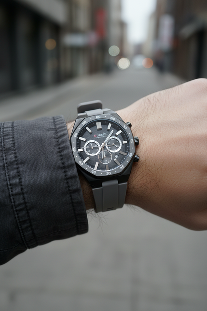 Reloj Curren negro silicona gris en muñeca masculina