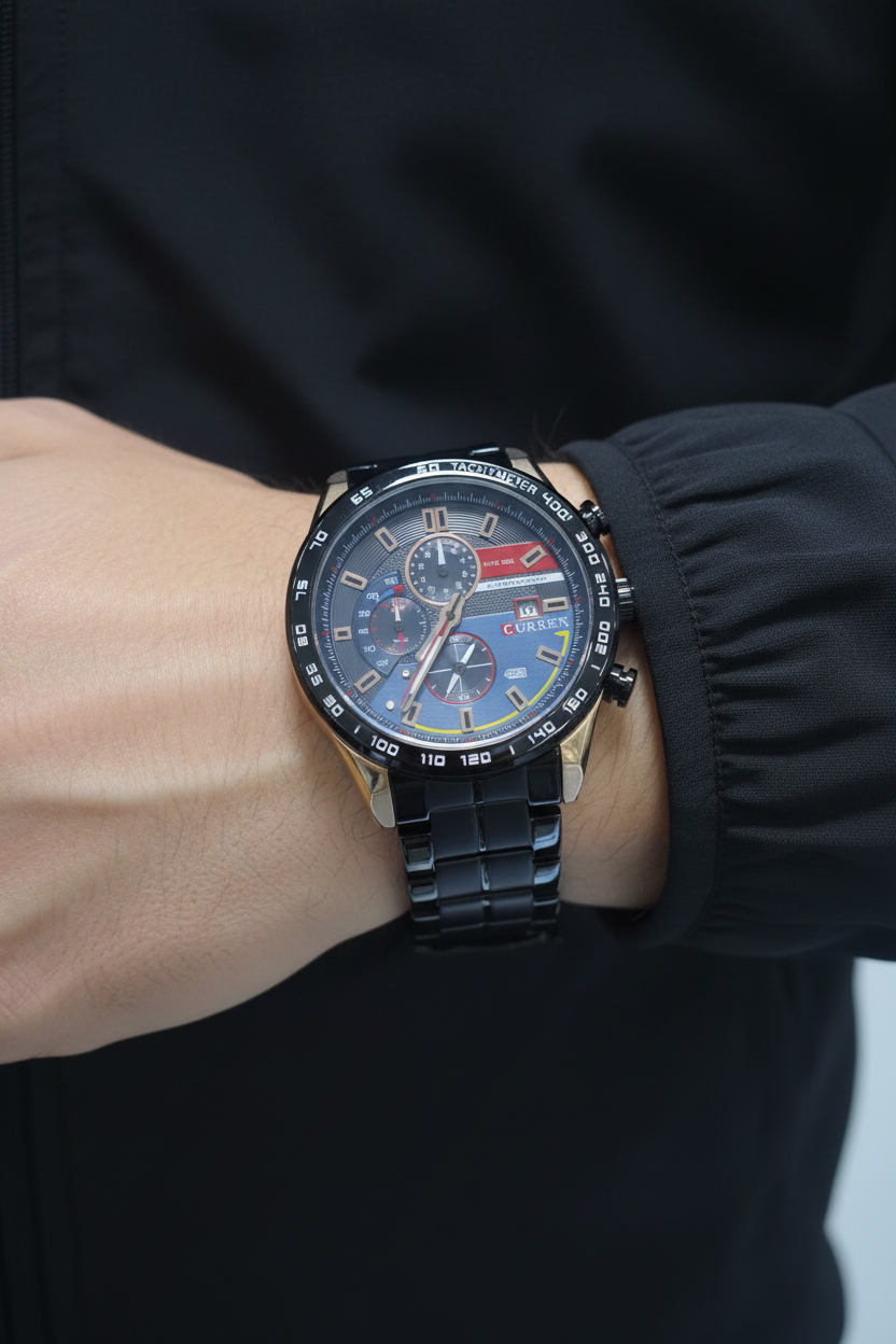 Reloj Curren negro azul rojo en muñeca masculina
