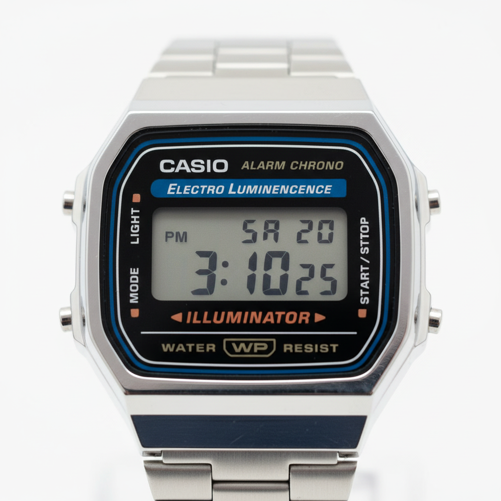 Reloj Casio retro plateado — macro pantalla LCD