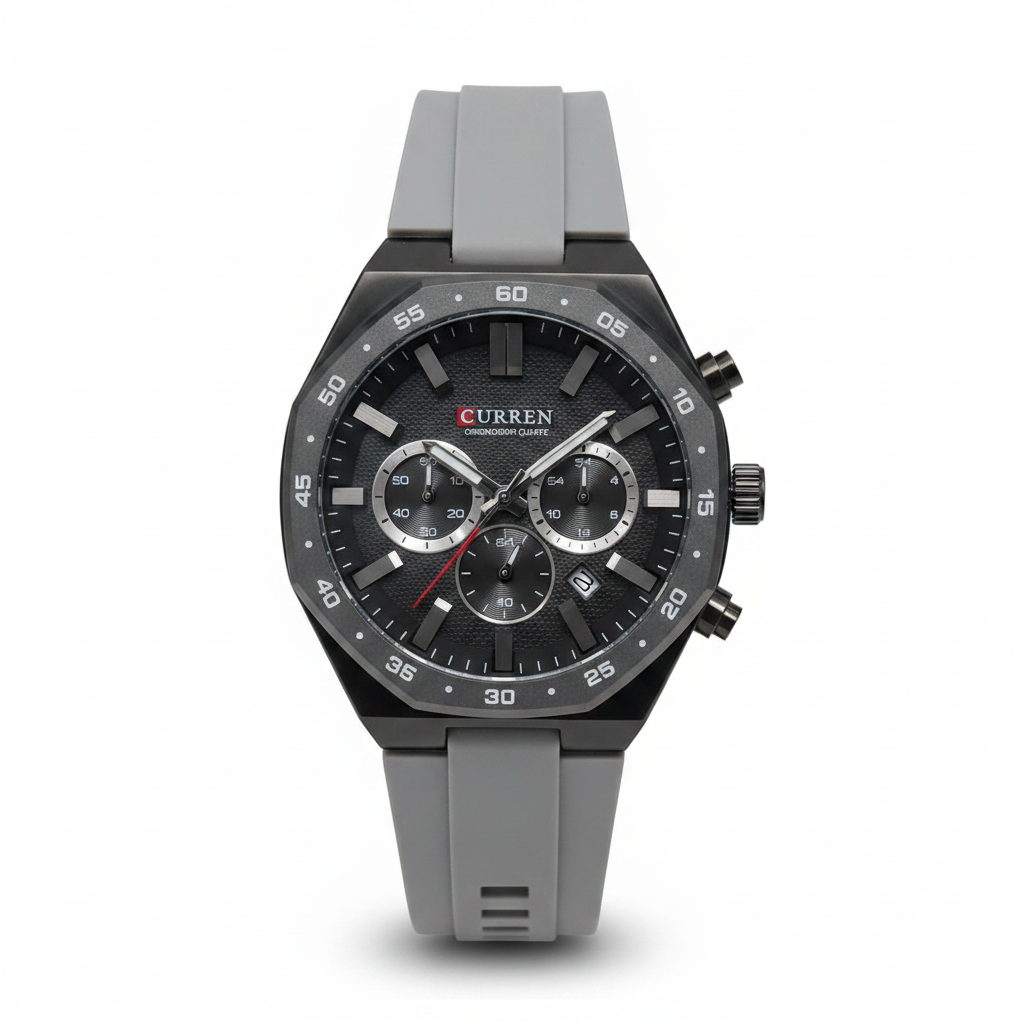 Reloj Curren negro silicona gris – frontal fondo blanco