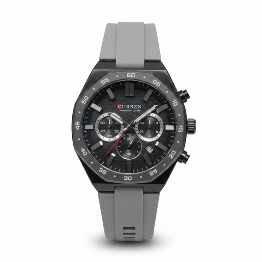 Reloj Curren negro silicona gris – frontal fondo blanco