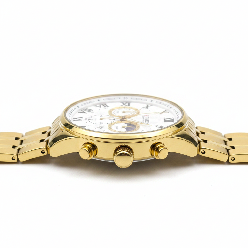 Reloj Curren dorado fase lunar – perfil lateral