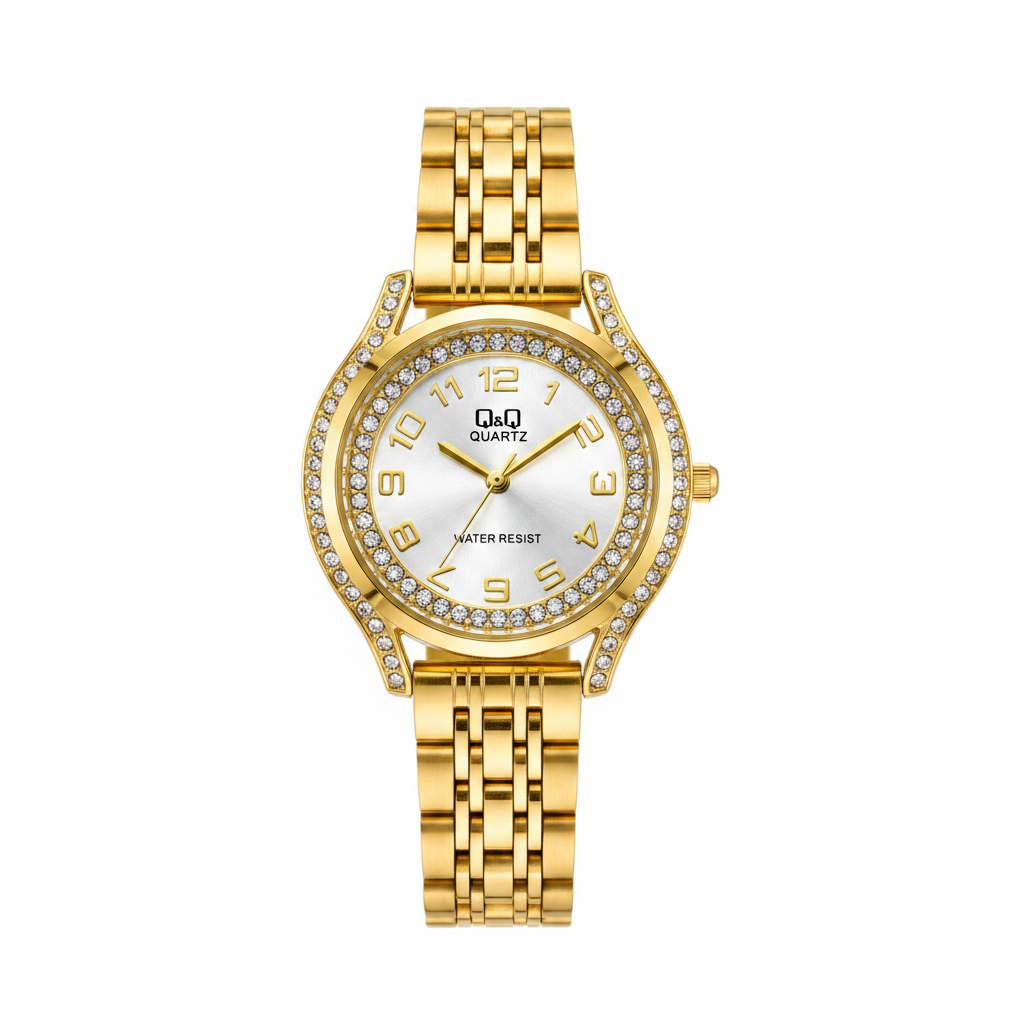 Reloj Q&Q dorado con doble bisel de cristales y esfera plateada